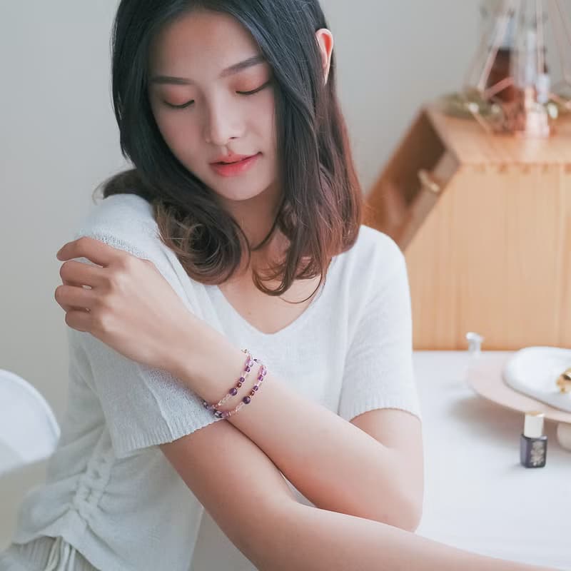 薰衣草紫水晶-草莓晶-白水晶│黃銅 雙圈 扣環式 手鍊