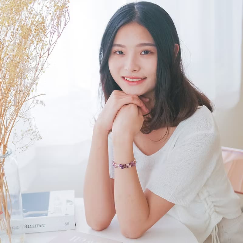 薰衣草紫水晶-草莓晶-白水晶│黃銅 雙圈 扣環式 手鍊