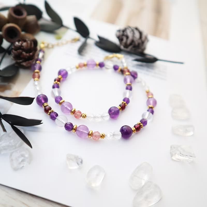 薰衣草紫水晶-草莓晶-白水晶│黃銅 雙圈 扣環式 手鍊