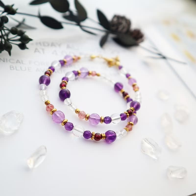 薰衣草紫水晶-草莓晶-白水晶│黃銅 雙圈 扣環式 手鍊
