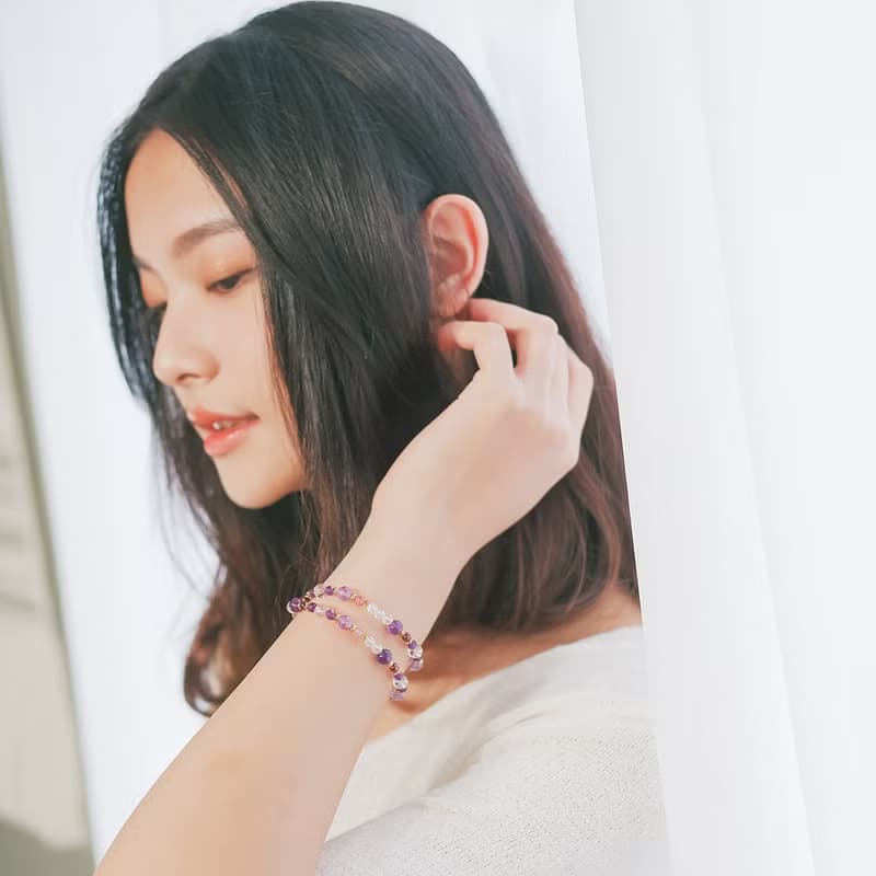 薰衣草紫水晶-草莓晶-白水晶│黃銅 雙圈 扣環式 手鍊