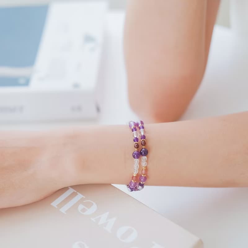 薰衣草紫水晶-草莓晶-白水晶│黃銅 雙圈 扣環式 手鍊