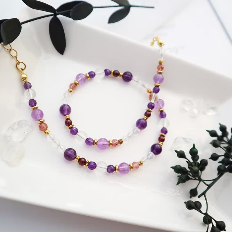 薰衣草紫水晶-草莓晶-白水晶│黃銅 雙圈 扣環式 手鍊