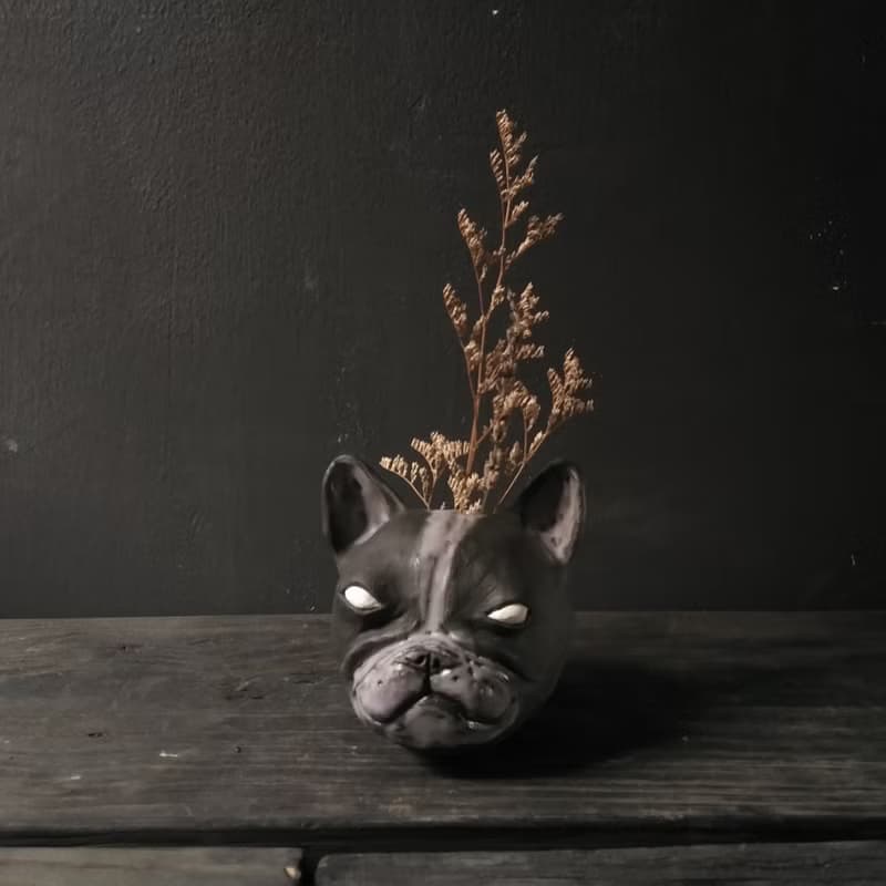 黑紫鬥牛犬(雕塑 筆筒 花器 可愛 暗黑)