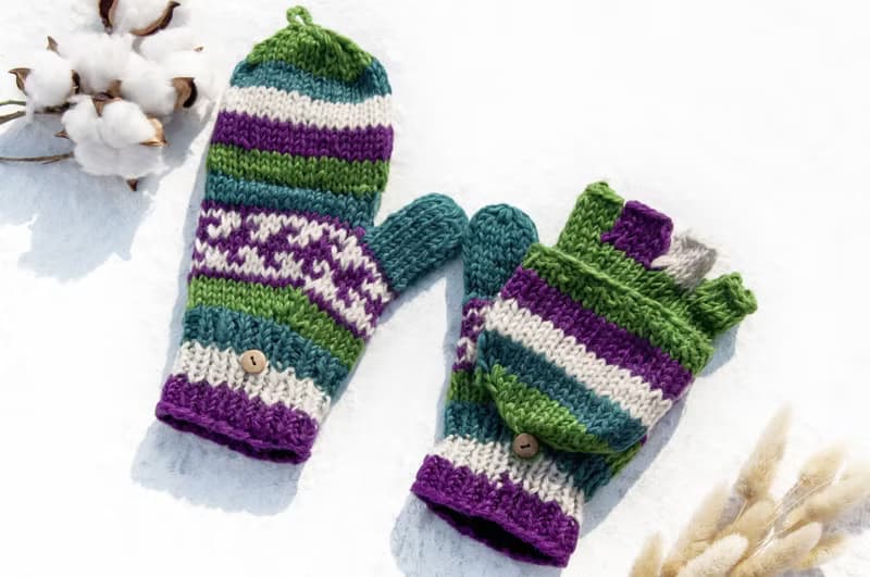 手織純羊毛針織手套/可拆卸保暖手套/內刷毛手套/觸控手套-葡萄綠