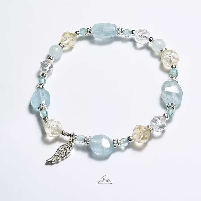 藍空晨曦之詩-原礦海水藍寶.黃水晶.磷灰石.-純銀設計手鍊