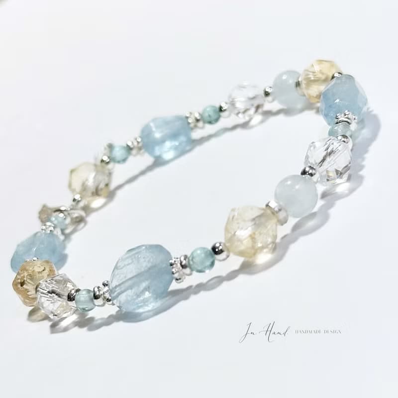 藍空晨曦之詩-原礦海水藍寶.黃水晶.磷灰石.-純銀設計手鍊