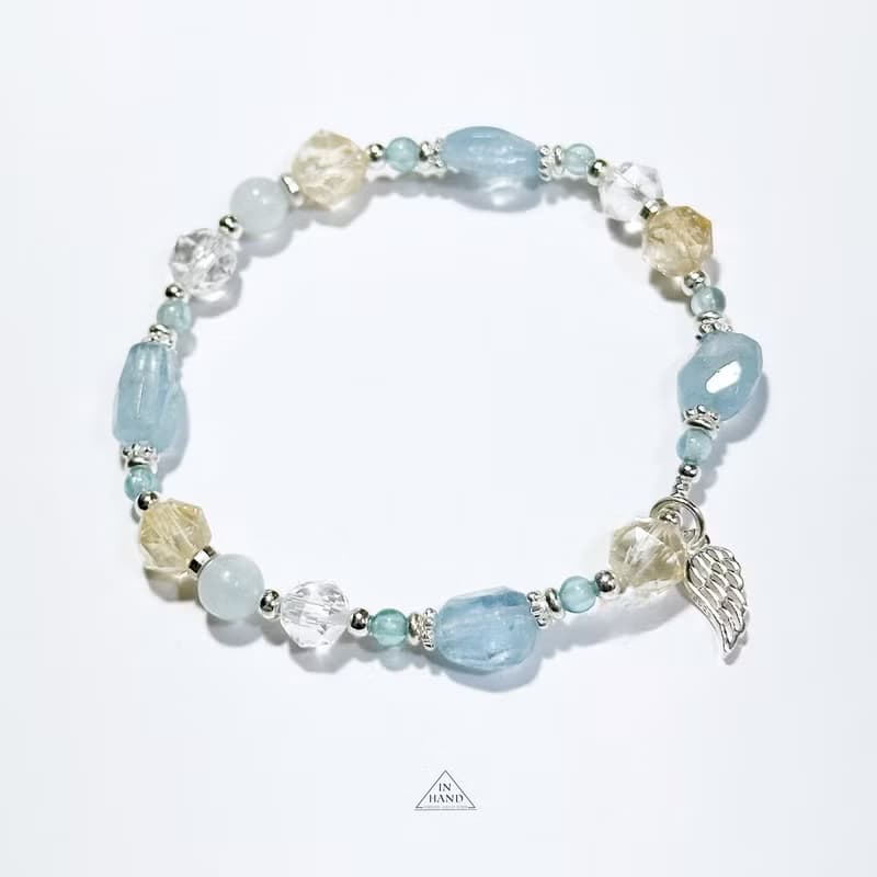 藍空晨曦之詩-原礦海水藍寶.黃水晶.磷灰石.-純銀設計手鍊