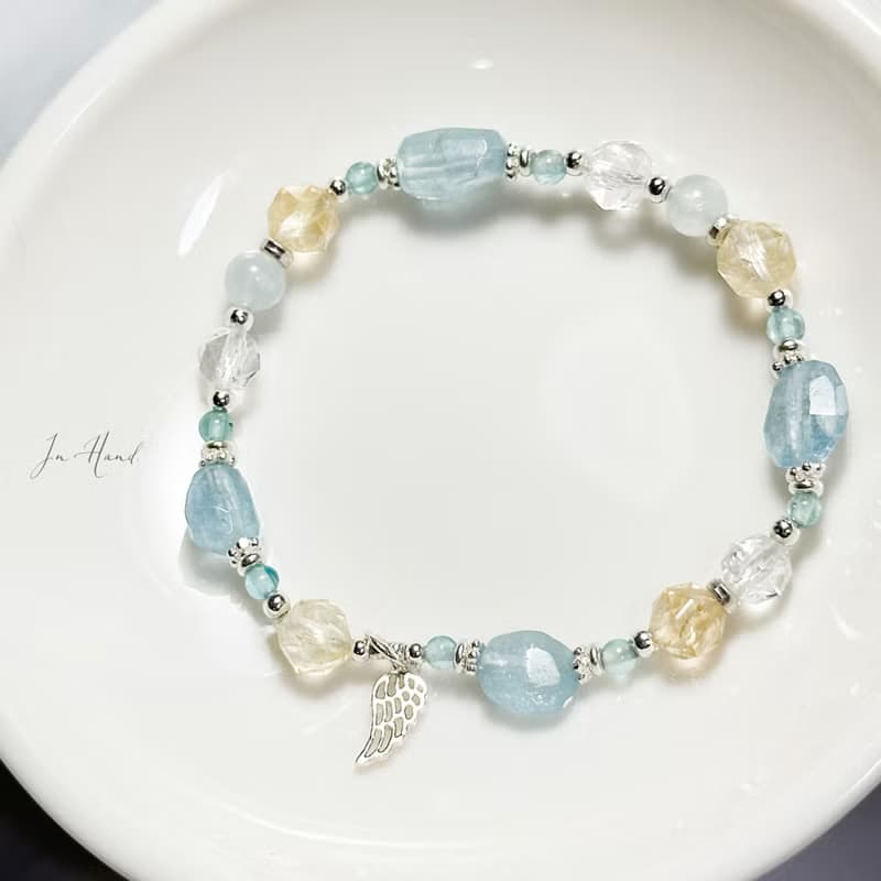 藍空晨曦之詩-原礦海水藍寶.黃水晶.磷灰石.-純銀設計手鍊