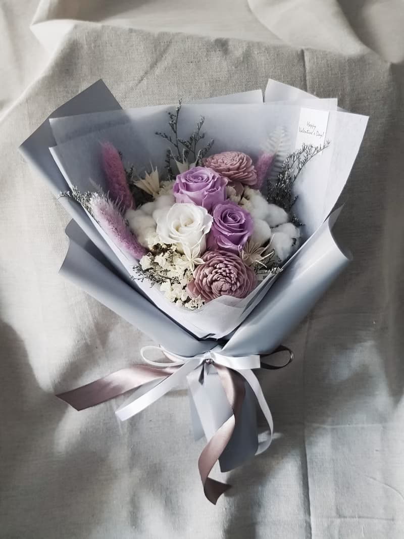 情人節|永生花+乾燥花│紫白玫瑰永生乾燥花花束│不凋花│求婚
