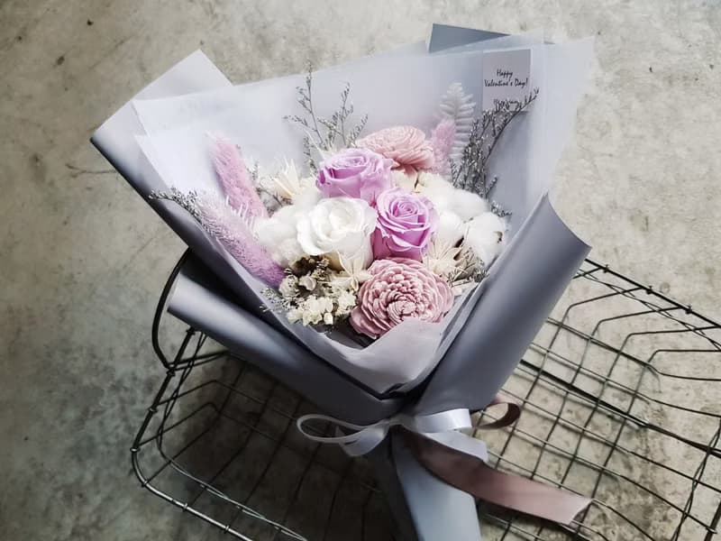 情人節|永生花+乾燥花│紫白玫瑰永生乾燥花花束│不凋花│求婚