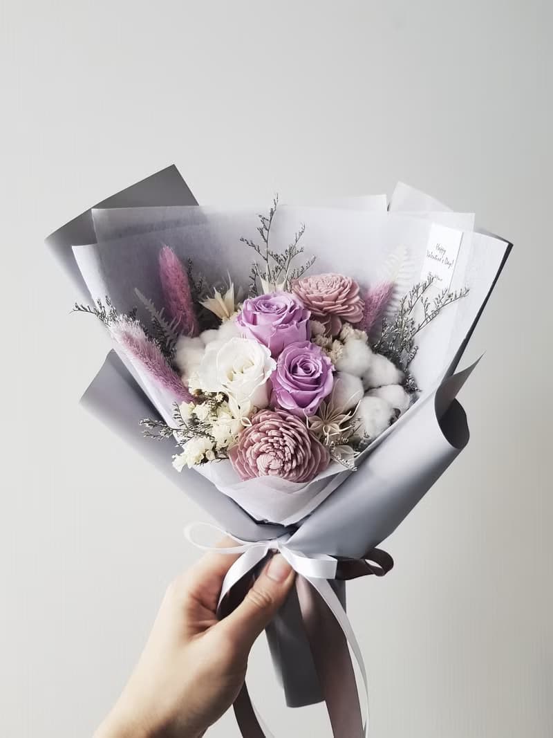 情人節|永生花+乾燥花│紫白玫瑰永生乾燥花花束│不凋花│求婚