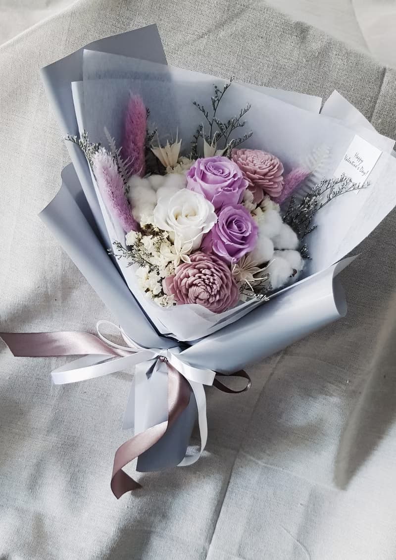 情人節|永生花+乾燥花│紫白玫瑰永生乾燥花花束│不凋花│求婚