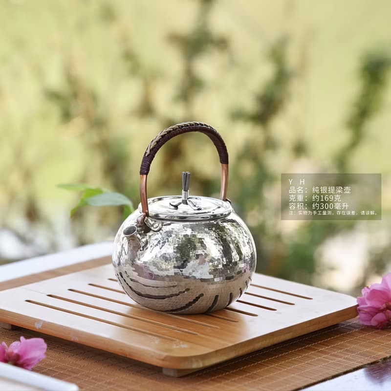 手工純銀紫皮錘目壺  一張口打出