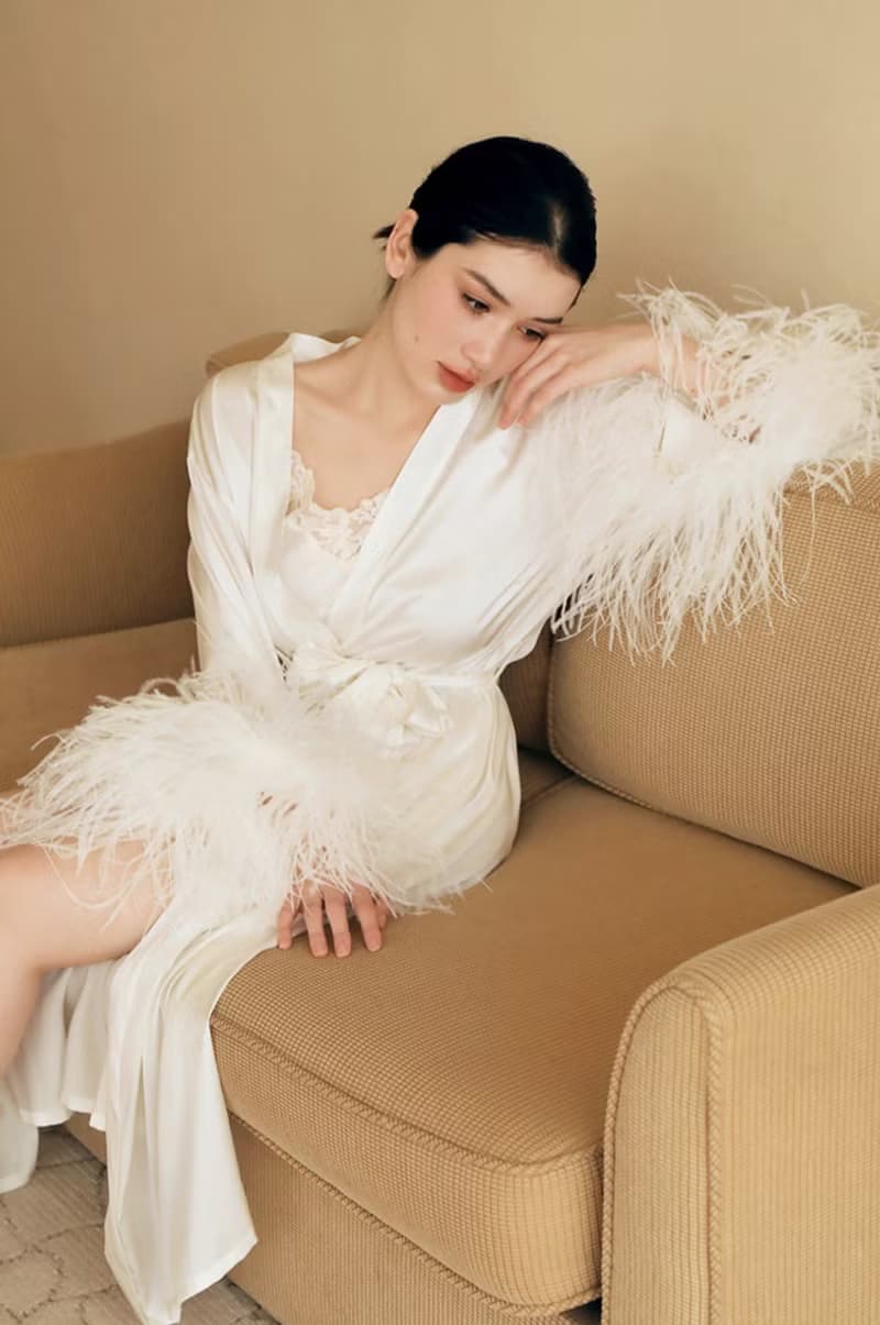 法式復古 真絲羽毛居家服