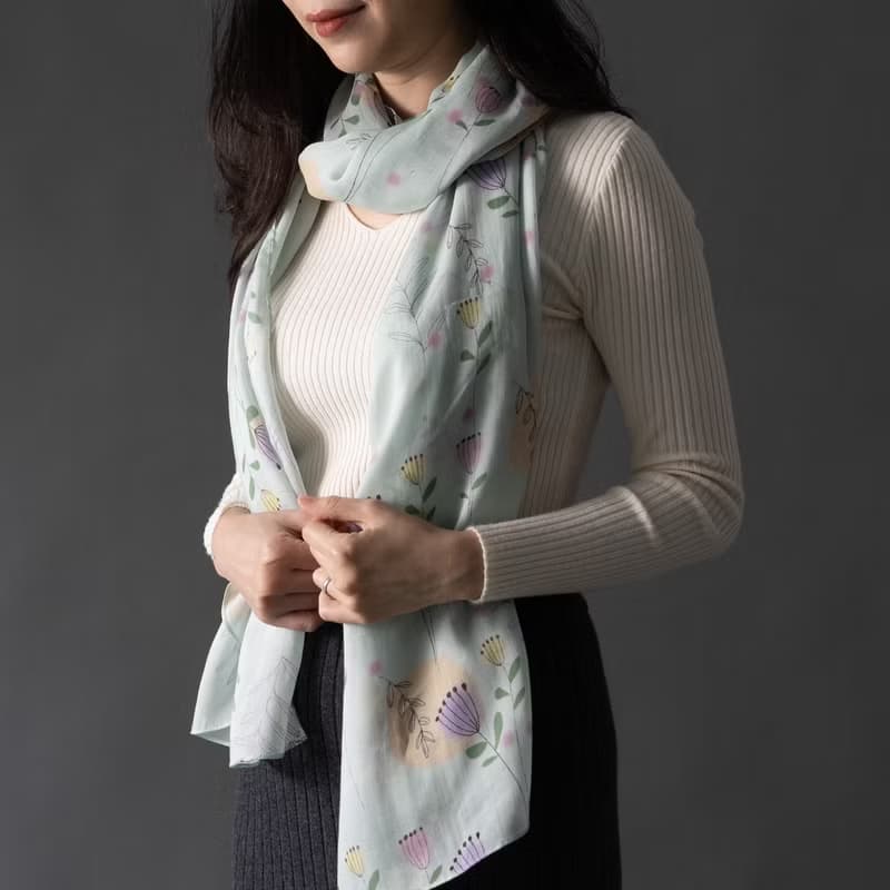 VIVI Chou - 清新花語花朵插畫長條絲巾 - 藍綠色