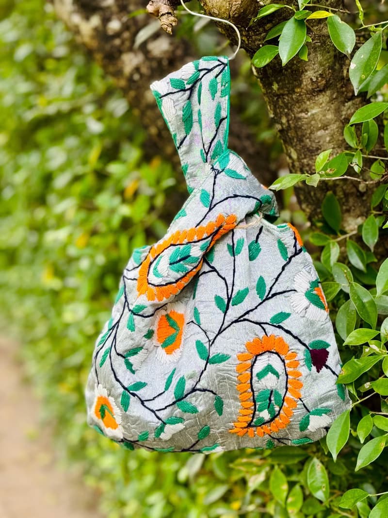 手工刺繡 銀色 花卉 手提包 小包 包包 手袋 手提袋