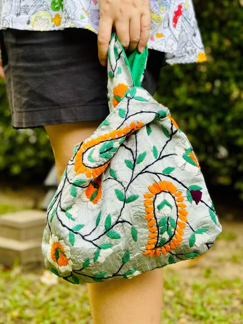 手工刺繡 銀色 花卉 手提包 小包 包包 手袋 手提袋