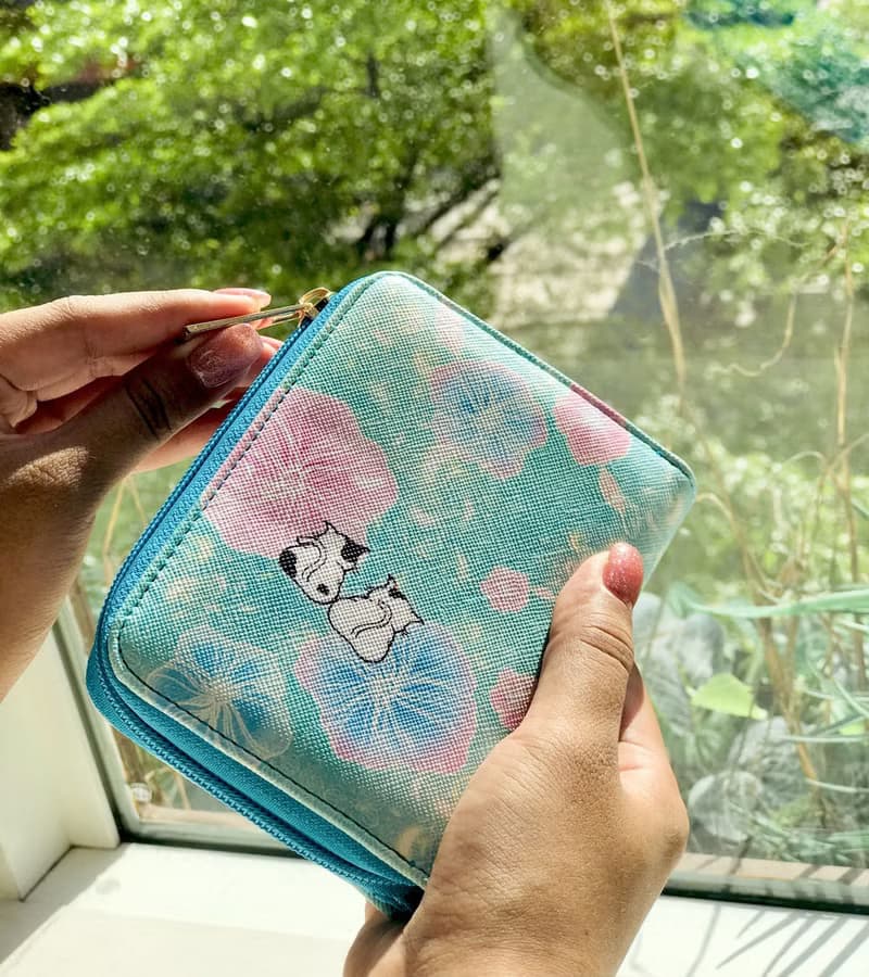 十字皮紋錢包 | 短夾 | 防水 - 粉綠色超萌禮物貓