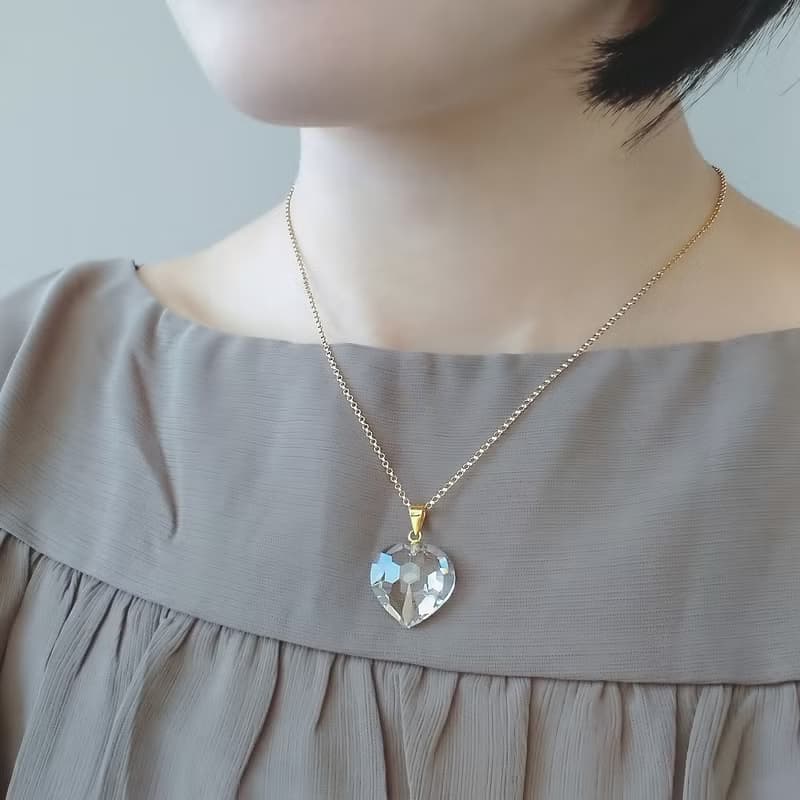 天然白水晶 大愛心切割 純銀鍍 18K 金墜 + 14Kgf 包金鍊 18mm