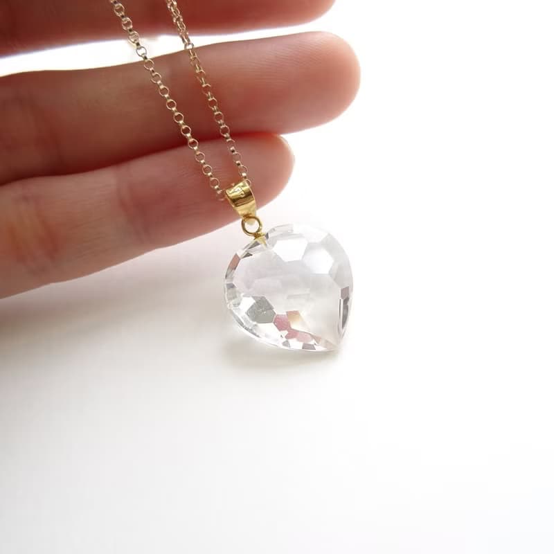 天然白水晶 大愛心切割 純銀鍍 18K 金墜 + 14Kgf 包金鍊 18mm