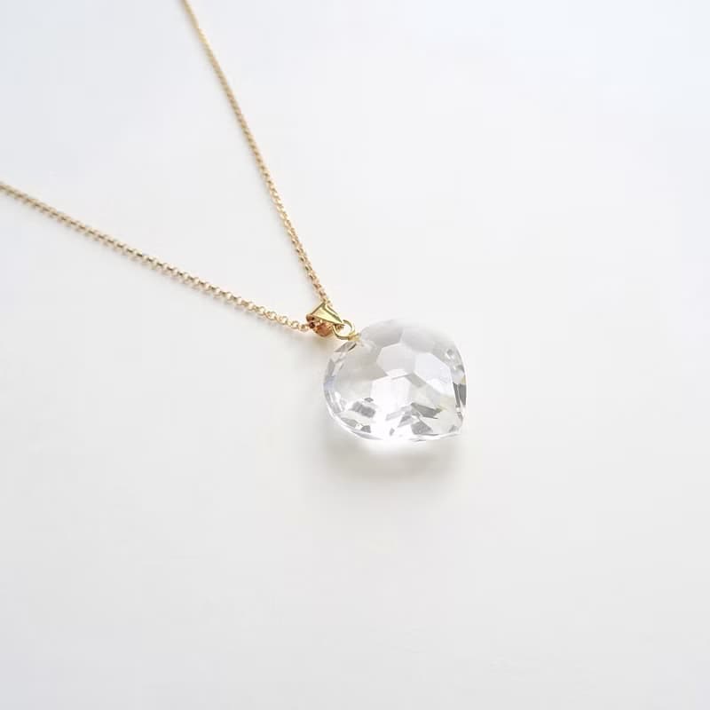 天然白水晶 大愛心切割 純銀鍍 18K 金墜 + 14Kgf 包金鍊 18mm