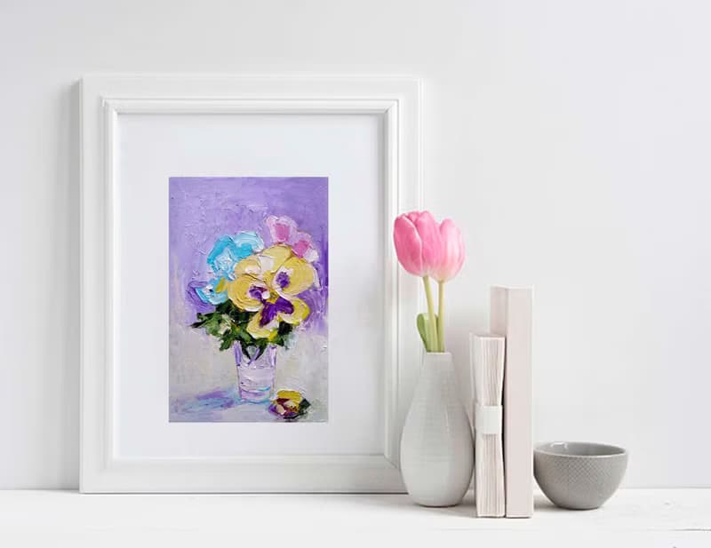 Bouquet of Violets Painting Original Art Small Flower Artwork Floral Wall Art