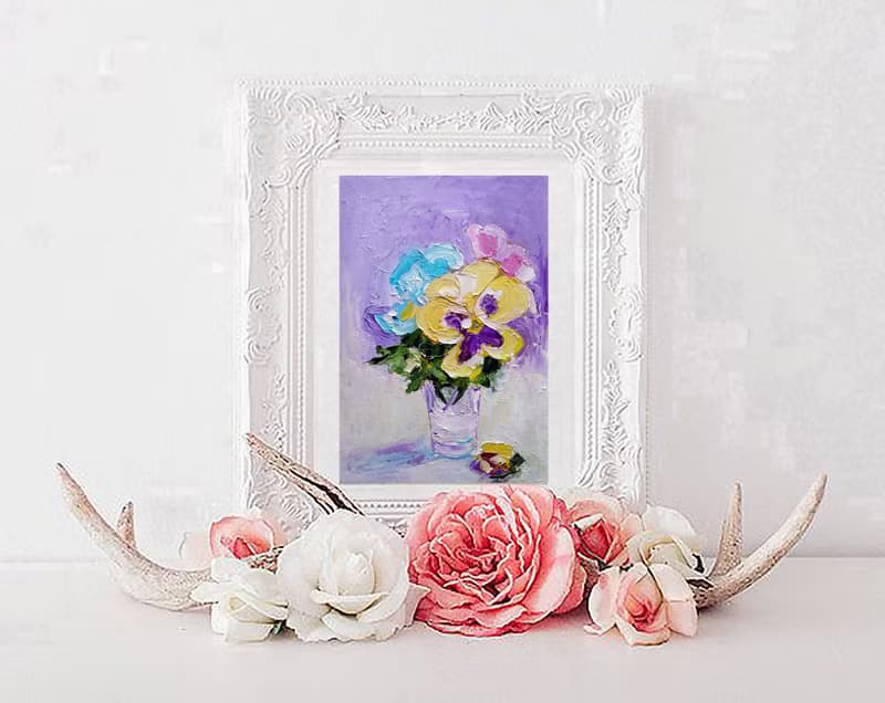 Bouquet of Violets Painting Original Art Small Flower Artwork Floral Wall Art