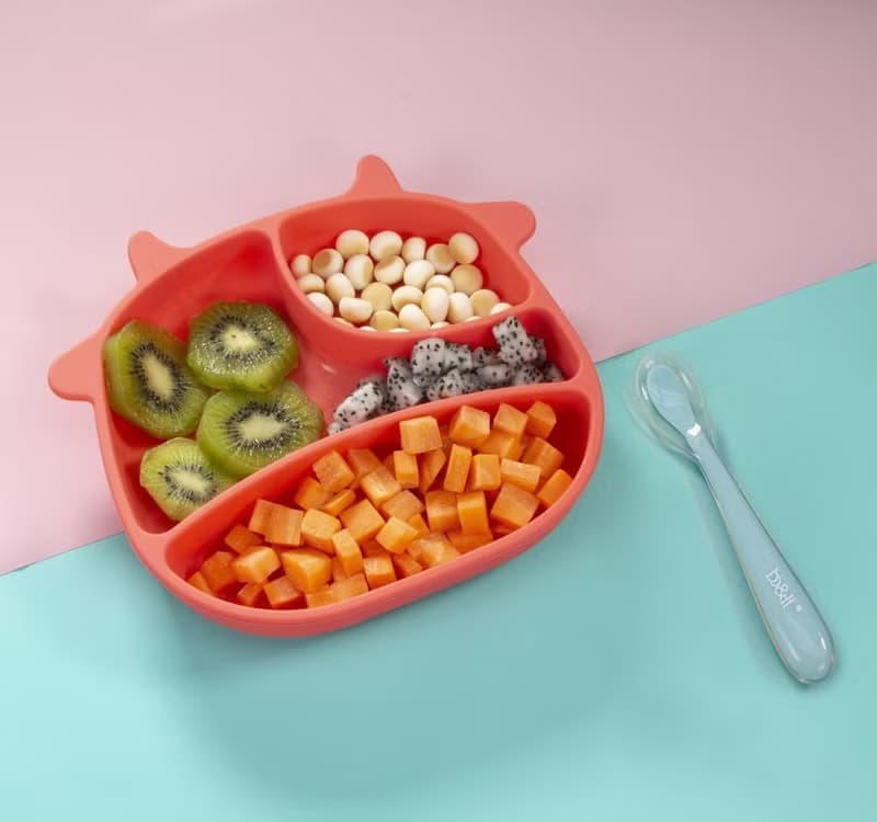 b&h 兒童自主進食餐具 - 防滑矽膠餐盤 (牛牛) - 粉藍色