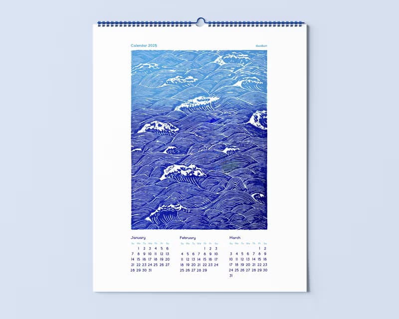 【數位】Printable Illustrated Calendar 2025 Blue Ocean Waves Fish Sky Clouds Blue Birds