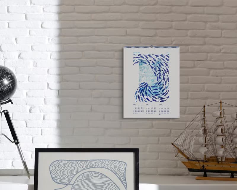【數位】Printable Illustrated Calendar 2025 Blue Ocean Waves Fish Sky Clouds Blue Birds
