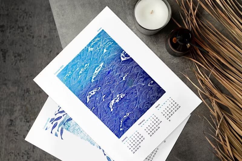 【數位】Printable Illustrated Calendar 2025 Blue Ocean Waves Fish Sky Clouds Blue Birds