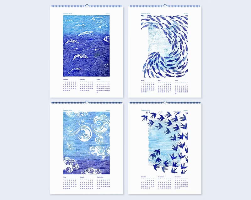 【數位】Printable Illustrated Calendar 2025 Blue Ocean Waves Fish Sky Clouds Blue Birds