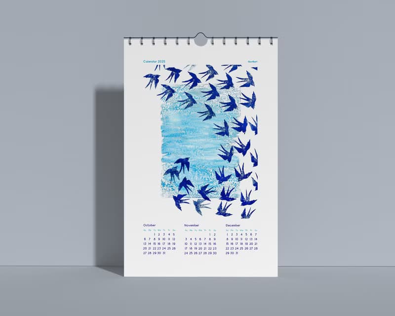 【數位】Printable Illustrated Calendar 2025 Blue Ocean Waves Fish Sky Clouds Blue Birds
