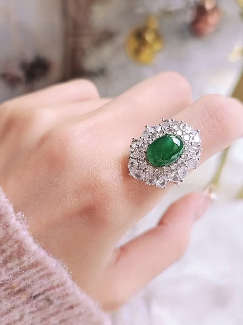 |財富老坑綠|A貨翡翠老坑種冰玻綠蛋面純銀豪鑲奢華款戒指