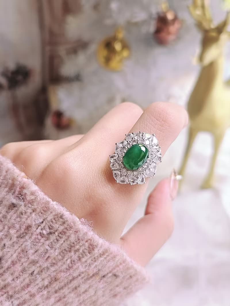 |財富老坑綠|A貨翡翠老坑種冰玻綠蛋面純銀豪鑲奢華款戒指