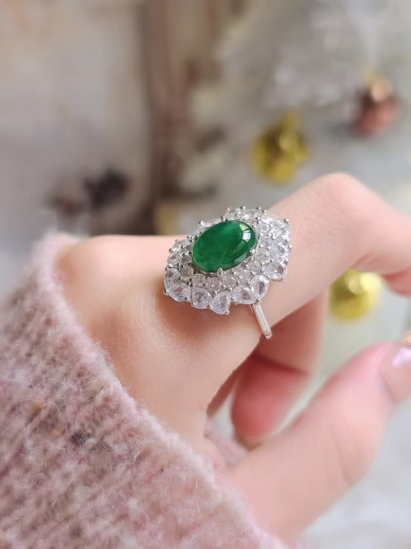 |財富老坑綠|A貨翡翠老坑種冰玻綠蛋面純銀豪鑲奢華款戒指