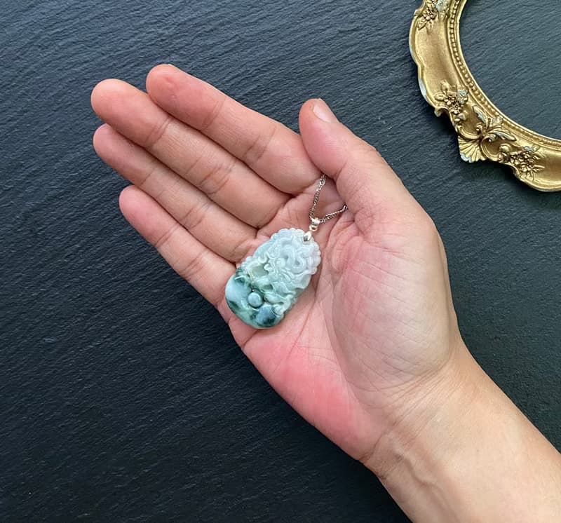 天然A貨緬甸玉花青種-龍 925純銀鈦鋼項鍊   避邪擋煞保平安