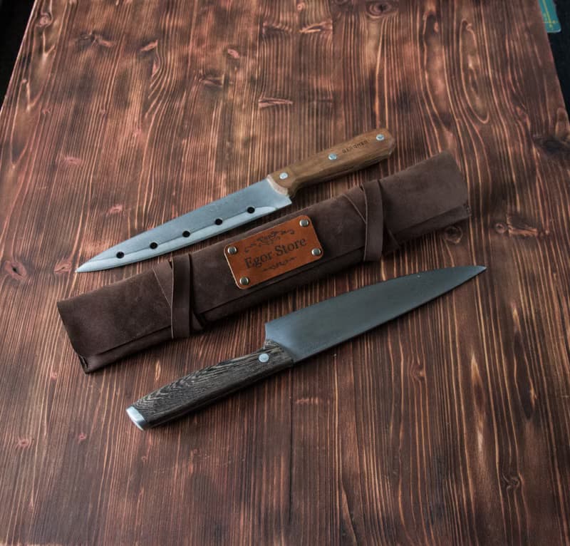 Personalized leather roll for 2 knives, leather knife roll, leather knife sheath