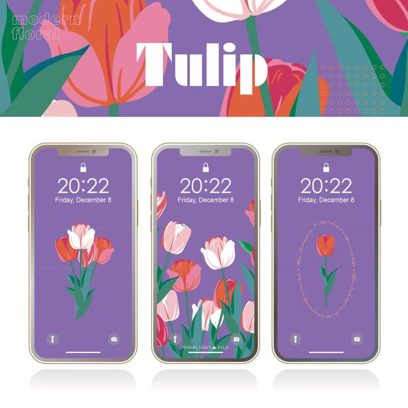 【數位】湖畔少女-鬱金香3 羅蘭紫 |繽紛可愛花束手機桌布組| 立即下載