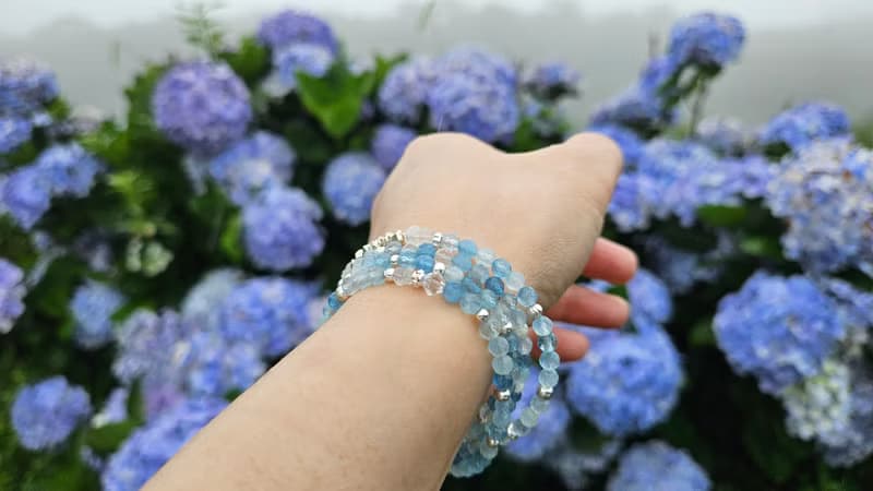 (3圈)(天然石水晶手鍊)海藍寶x藍月光石x月光石x赫基蒙白水晶x珍