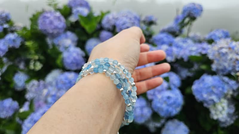(3圈)(天然石水晶手鍊)海藍寶x藍月光石x月光石x赫基蒙白水晶x珍