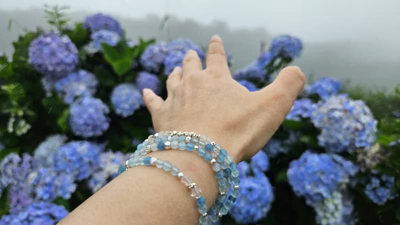 (3圈)(天然石水晶手鍊)海藍寶x藍月光石x月光石x赫基蒙白水晶x珍