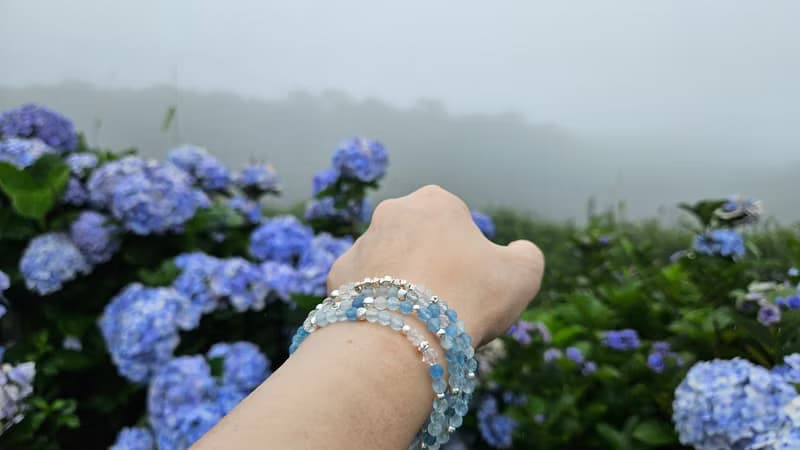(3圈)(天然石水晶手鍊)海藍寶x藍月光石x月光石x赫基蒙白水晶x珍