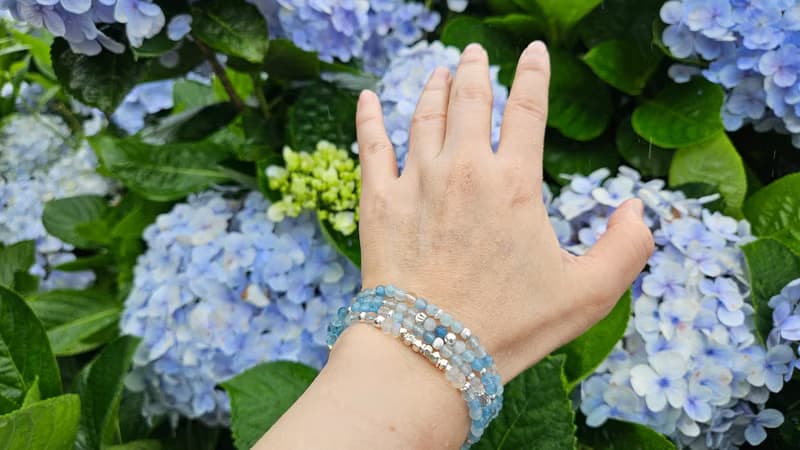 (3圈)(天然石水晶手鍊)海藍寶x藍月光石x月光石x赫基蒙白水晶x珍