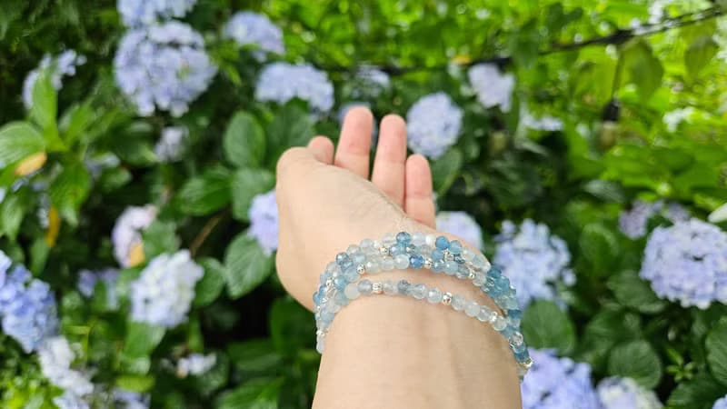 (3圈)(天然石水晶手鍊)海藍寶x藍月光石x月光石x赫基蒙白水晶x珍