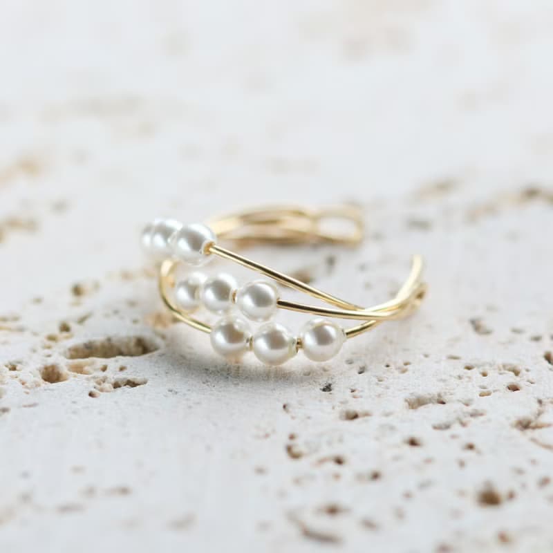 2Way Ring & Ear cuff Handmade 14kgf  Three Strands Swarovski Pearl【gift box】
