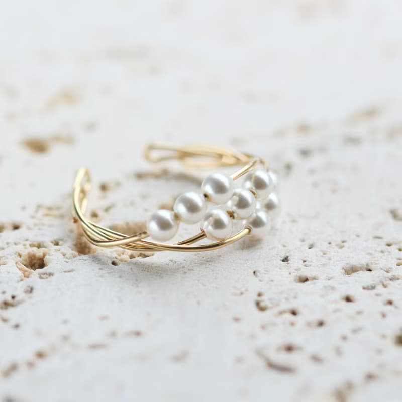 2Way Ring & Ear cuff Handmade 14kgf  Three Strands Swarovski Pearl【gift box】
