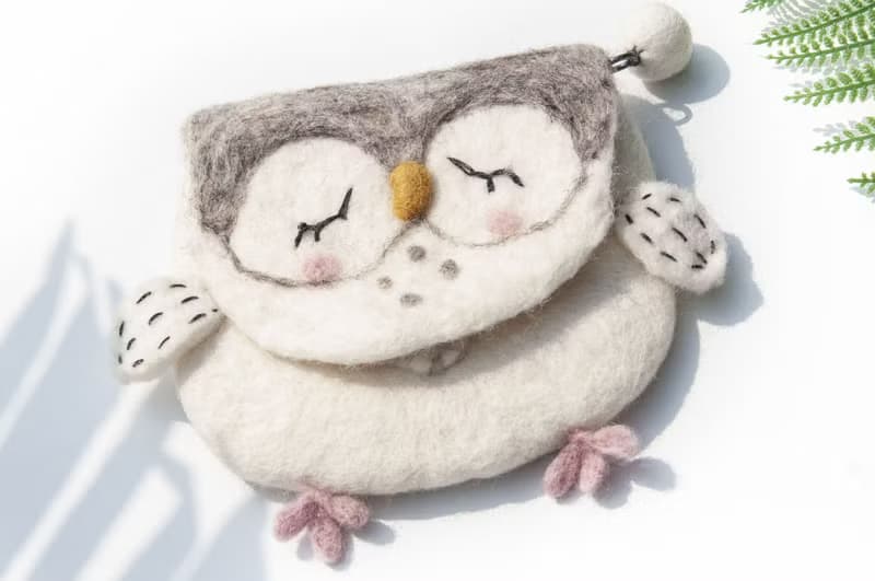 羊毛氈化妝袋/羊毛氈收納袋/零錢包/悠遊卡套/羊毛氈錢包-貓頭鷹