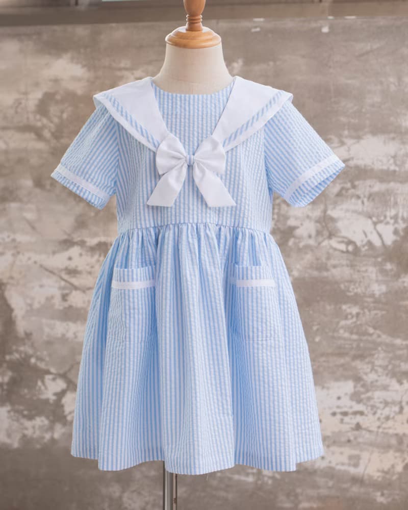 女童藍色條紋水手服領手作洋裝姐弟裝